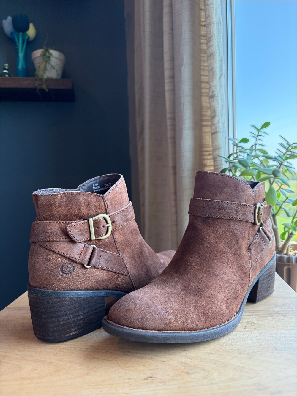 Born Women’s Brown Suede Ankle Boots with Buckle Detail, new